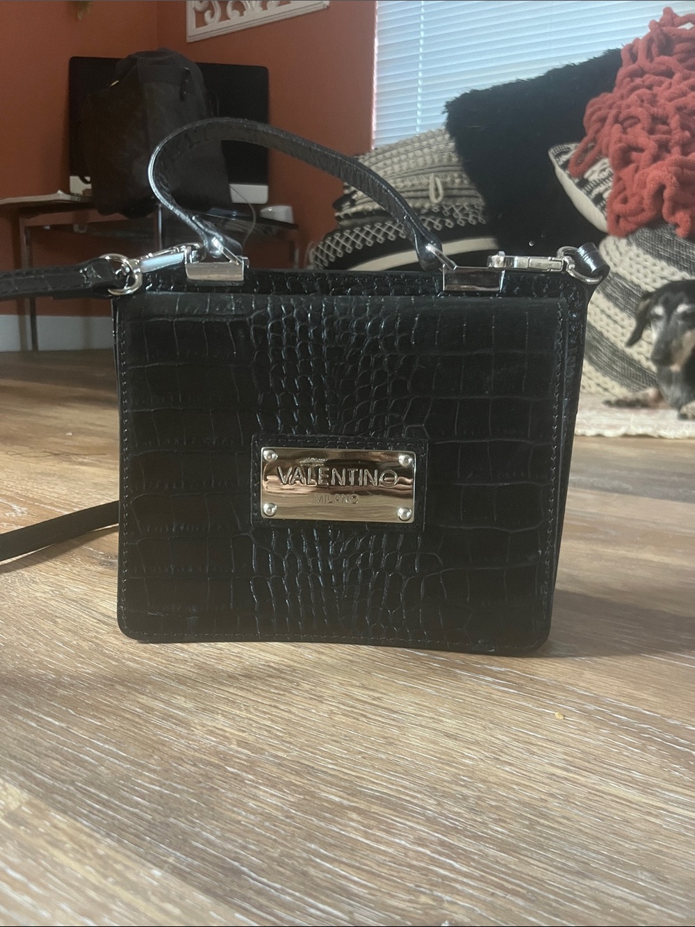 Valentino Black Croc-Embossed Mini Top-Handle Bag with Logo Plaque